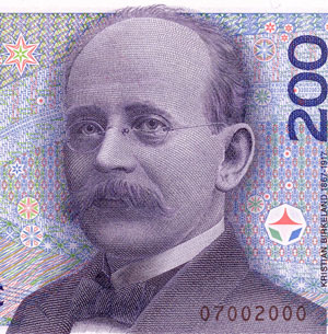 Kristian Birkeland på en norsk 200-kronerseddel.