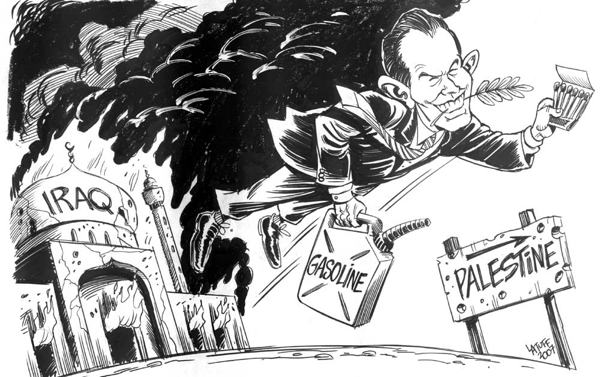 Fredsengel og pyroman. Tegning: Carlos Latuff (CC) Fredsengel og pyroman. Tegning: Carlos Latuff (CC)